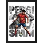"Spain football player Pedro in action with soccer ball, wearing Spain national team kit, dynamic soccer pose, sports fan wall decor."