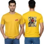 "Front and back view of yellow Spain football T-shirt featuring Pedro soccer player illustration, Spain national team colors, and dynamic action pose."