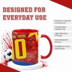 "Red Spain football mug featuring Laine Yamal soccer player illustration, premium ceramic construction, comfortable handle grip, high-definition printing, fade-resistant artwork, and suitable for hot and cold drinks."