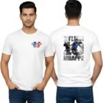 France football player men's white dry-fit T-shirt with small France 2026 front logo and large number 10 soccer player graphic on the back featuring France-themed artwork.