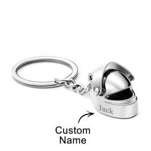 Personalized motorcycle helmet keychain with a custom engraved name, featuring a detailed silver helmet charm attached to a durable metal keyring. A unique keepsake gift for motorcycle riders, bikers, racing enthusiasts, birthdays, Father's Day, anniversaries, or everyday key organization.