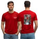 Morocco football men's red T-shirt featuring a small Morocco chest logo on the front and a large EN-NESYRI number 19 player collage graphic on the back with dynamic football action design.