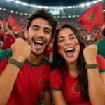 Morocco football fans wearing red national team jerseys in a stadium, cheering with raised fists, face paint, and green-red “MOROCCO” wristbands while celebrating amid a crowd of waving Moroccan flags.