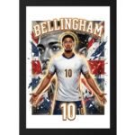 Soccer action illustration - printshop4me.ae "England football player Jude Bellingham standing in white national team kit with number 10, arms open, dynamic action pose, grayscale background with player portrait, Union Jack flag, elite talent theme, framed wall poster."