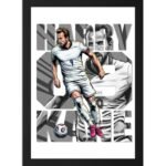 Soccer player graphic - printshop4me.ae "England football player Harry Kane dribbling the soccer ball in white national team kit with number 9, dynamic action pose, grayscale background with player portrait, framed wall poster."