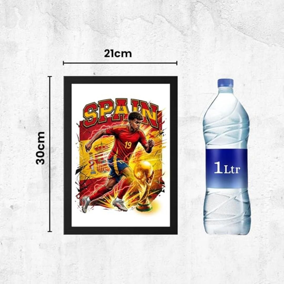 "Spain football player in action with FIFA World Cup trophy, Spain national team colors, soccer wall decor poster 21x30 cm next to 1-liter water bottle for size reference."