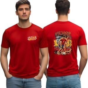 Spain football T-shirt - printshop4me.ae "Front and back view of red Spain football T-shirt featuring Yamal soccer player illustration, Spain national team colors, and dynamic action pose."