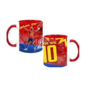 Spain football mug - printshop4me.ae "Red Spain football mug featuring Laine Yamal soccer player illustration, Spain national team colors, player celebration pose, and signature design, shown from two angles."