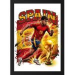 "Spain football player action illustration with FIFA World Cup trophy, vibrant Spain national team colors, soccer themed wall decor for sports fans."
