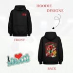 Sports Fan Graphic Hoodie - printshop4me.ae Morocco football men’s black hoodie design mockup showing front Morocco chest logo and back view featuring a large Morocco player action graphic with “Hoodie Designs” label and front/back layout presentation.