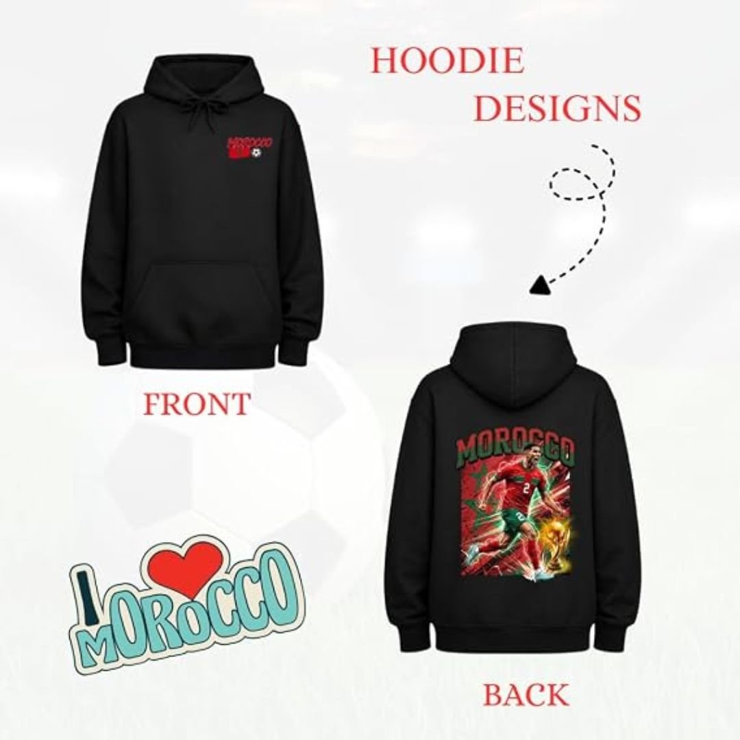 Sports Fan Graphic Hoodie - printshop4me.ae Morocco football men’s black hoodie design mockup showing front Morocco chest logo and back view featuring a large Morocco player action graphic with “Hoodie Designs” label and front/back layout presentation.