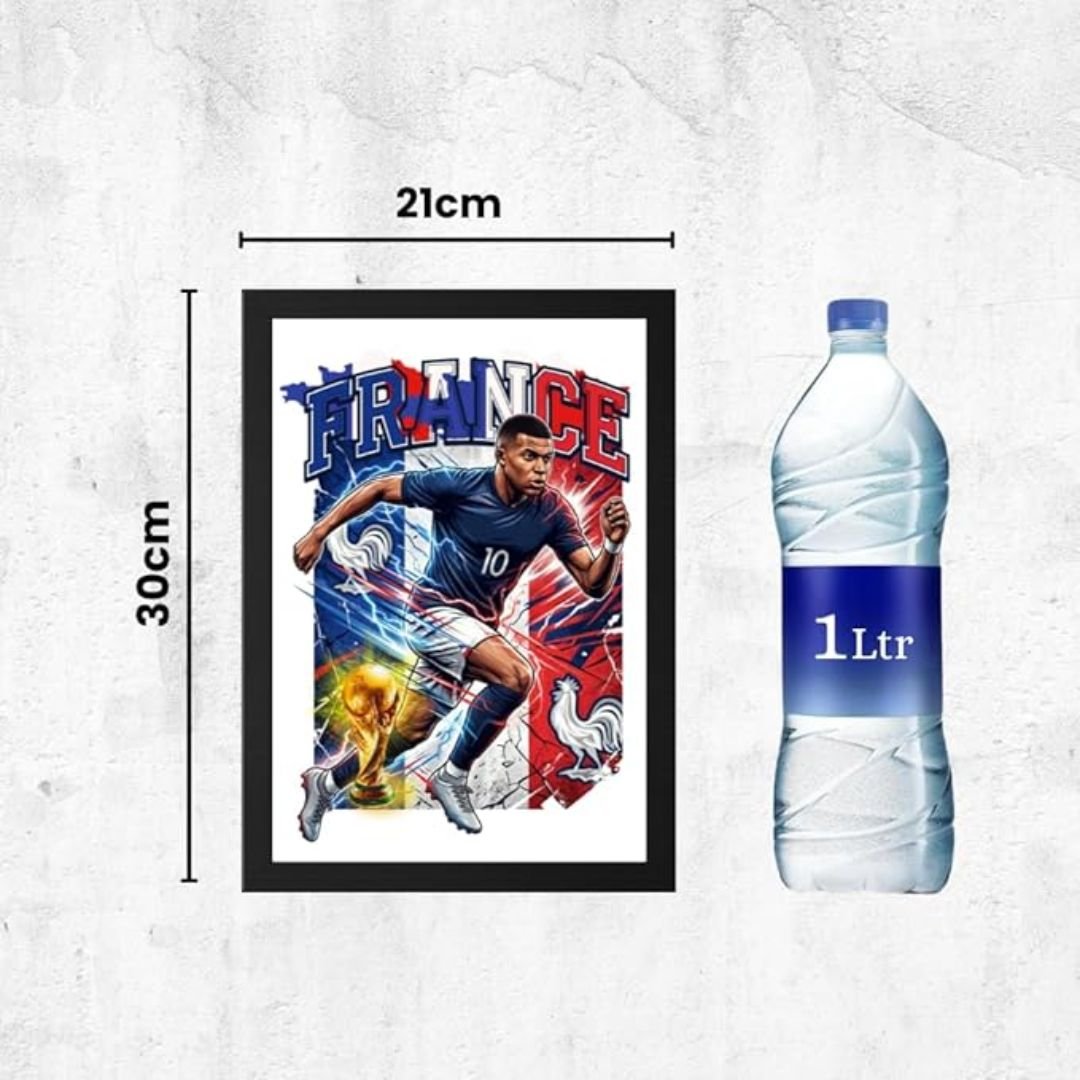 France football player photo frame size comparison image showing 21 x 30 cm wall frame with soccer player artwork beside a 1-liter water bottle for scale reference.