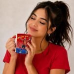 "Young woman holding red Spain football mug featuring Laine Yamal soccer player illustration, player number 10, Spain national team colors, enjoying a hot beverage."