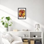 "Spain football player poster on white wall above console table, featuring FIFA World Cup trophy, Spain national team colors, and soccer action pose, modern living room decor."