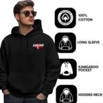 Stadium Wear Hoodie - printshop4me.ae England football men's black hoodie featuring a front England logo print, long sleeves, kangaroo pocket, hooded neck design, and 100% cotton fabric, shown with product feature icons.