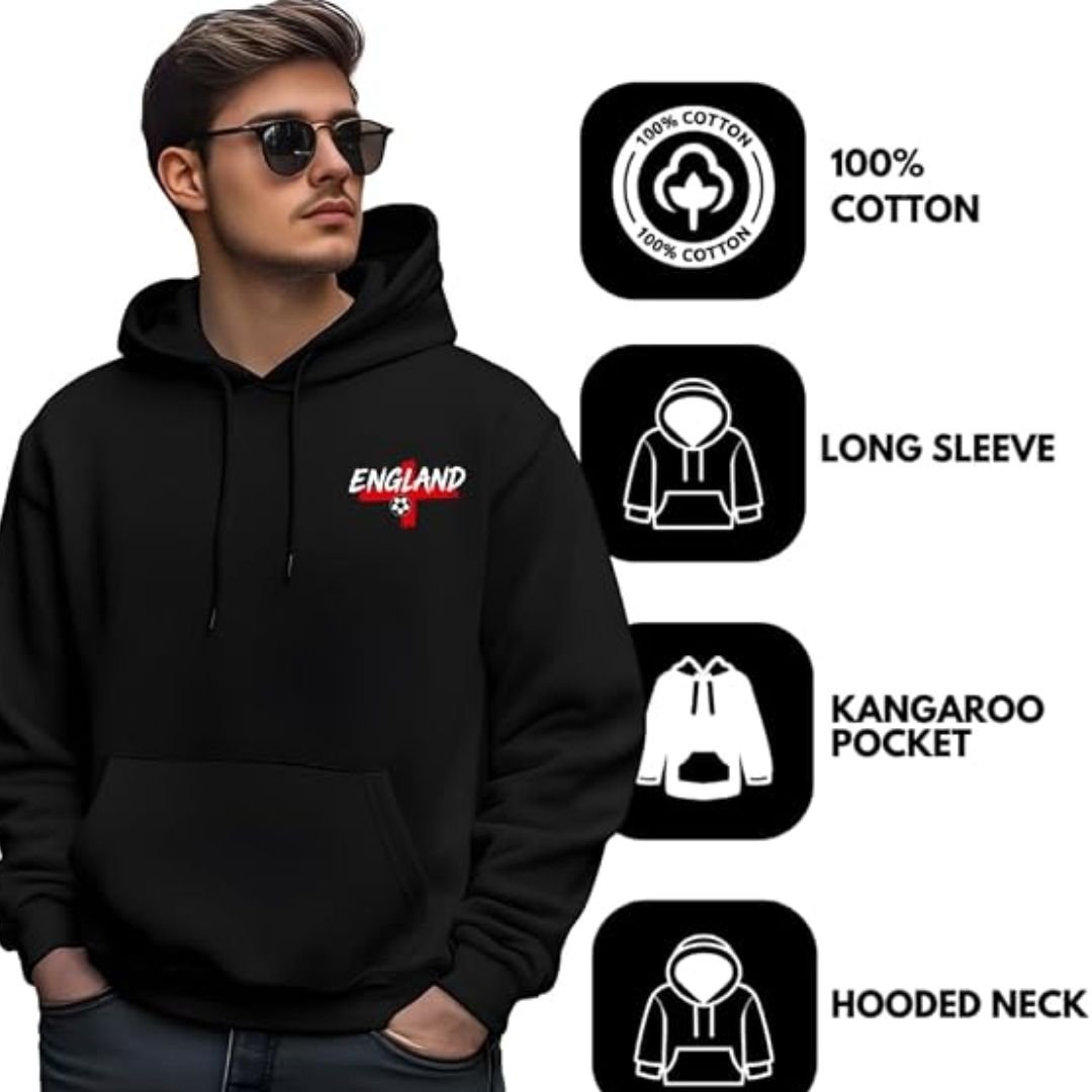 Stadium Wear Hoodie - printshop4me.ae England football men's black hoodie featuring a front England logo print, long sleeves, kangaroo pocket, hooded neck design, and 100% cotton fabric, shown with product feature icons.