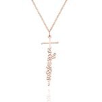 Personalized cross name necklace in a rose gold finish, featuring a custom name elegantly integrated into the vertical cross pendant. A minimalist Christian jewelry piece on a matching chain, making a meaningful personalized gift for baptisms, confirmations, birthdays, Mother's Day, or everyday faith-inspired wear.