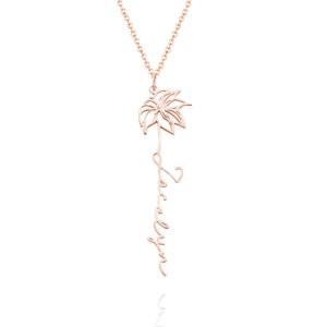 Personalized birth flower name necklace in a rose gold finish, featuring a delicate floral outline with a custom name elegantly integrated into the stem. Suspended from a matching chain, this minimalist personalized necklace makes a meaningful gift for birthdays, Mother's Day, anniversaries, bridesmaids, or everyday wear.