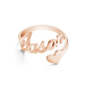 Personalized rose gold name ring featuring a custom script name with a heart-shaped accent on an open adjustable band. A minimalist custom name ring, ideal as a thoughtful gift for birthdays, anniversaries, Valentine's Day, or everyday wear.