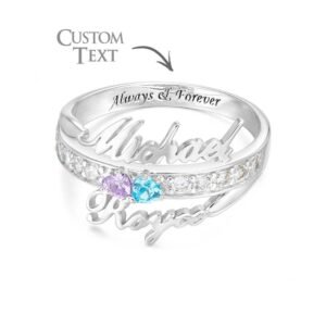 Personalized sterling silver couple name ring featuring two custom engraved names, sparkling cubic zirconia accents, and two heart-shaped birthstones. The inside of the band can be engraved with a custom message, making this elegant promise ring a meaningful gift for couples, anniversaries, weddings, Valentine's Day, birthdays, or special occasions.