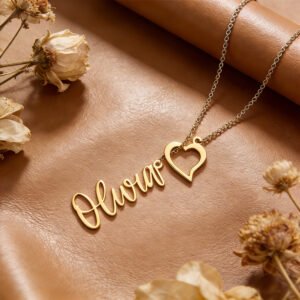 Gold necklace displayed on a soft tan leather-textured background with dried flowers, featuring a personalized cursive name pendant reading “Olivia” connected to a hollow heart charm. The elegant chain drapes naturally across the scene, highlighting a warm, romantic, custom jewelry design aesthetic.