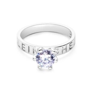 Personalized sterling silver solitaire ring with a sparkling round-cut cubic zirconia stone and custom engraved text on the band. A timeless custom name or message ring, ideal for engagements, anniversaries, birthdays, or meaningful everyday wear.