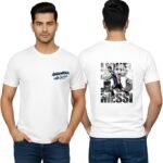 Front and back view of a white men's Argentina 2026 soccer t-shirt. Front left chest has "Argentina 2026" text, back features an action shot of Lionel Messi kicking a soccer ball with his name and number "10" in bold. Model is standing straight, showing both sides.