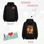 Vibrant football design - printshop4me.ae "Front and back view of black Spain football hoodie featuring Yamal soccer player illustration, Spain national team colors, dynamic action pose, and 'I ❤️ Spain' graphic."