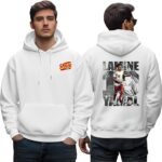 White sports hoodie - printshop4me.ae "Front and back view of white Spain football hoodie featuring Laine Yamal soccer player illustration, Spain national team colors, and dynamic action pose."