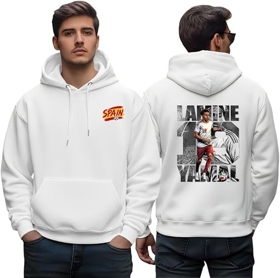 White sports hoodie - printshop4me.ae "Front and back view of white Spain football hoodie featuring Laine Yamal soccer player illustration, Spain national team colors, and dynamic action pose."
