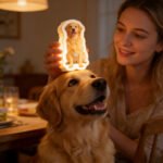 Personalized pet photo LED night light featuring a golden retriever design, held by a woman beside her happy dog in a warm indoor setting.