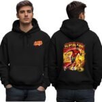 Yamal soccer hoodie - printshop4me.ae "Front and back view of black Spain football hoodie featuring Yamal soccer player illustration, Spain national team colors, dynamic action pose, and FIFA World Cup trophy design."