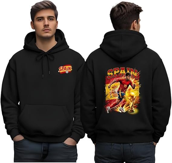 Yamal soccer hoodie - printshop4me.ae "Front and back view of black Spain football hoodie featuring Yamal soccer player illustration, Spain national team colors, dynamic action pose, and FIFA World Cup trophy design."