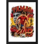 "Spain football player Yamal in action with soccer ball, vibrant Spain national team colors, skill and elite talent highlights, sports fan wall decor."
