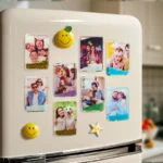 Set of personalized photo fridge magnets with colorful glitter liquid accents, displaying custom family, couple, pet, and children's photos on a white refrigerator. Decorative acrylic magnets with smiley and star magnets add a fun touch, making them meaningful keepsakes and personalized home décor gifts.