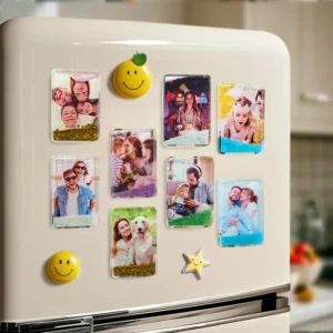 Set of personalized photo fridge magnets with colorful glitter liquid accents, displaying custom family, couple, pet, and children's photos on a white refrigerator. Decorative acrylic magnets with smiley and star magnets add a fun touch, making them meaningful keepsakes and personalized home décor gifts.