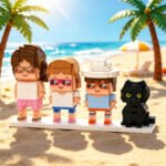 Personalized building block family figure set featuring custom mini characters and a black cat figure displayed on a beach background, representing a creative family photo keepsake gift.