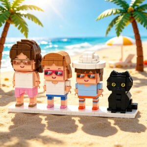 Personalized building block family figure set featuring custom mini characters and a black cat figure displayed on a beach background, representing a creative family photo keepsake gift.