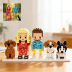 Personalized custom brick figures featuring a couple and three dogs, recreated from a photo using building blocks. A unique custom family and pet keepsake display, ideal for birthdays, anniversaries, weddings, housewarmings, or dog lovers.