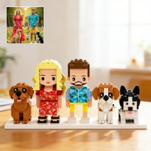 Personalized custom brick figures featuring a couple and three dogs, recreated from a photo using building blocks. A unique custom family and pet keepsake display, ideal for birthdays, anniversaries, weddings, housewarmings, or dog lovers.