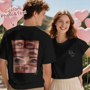 Personalized custom photo and text couple T-shirt featuring a collage of eye photos printed on the back with a custom signature design, paired with a matching minimalist heart outline T-shirt. Displayed by a smiling couple outdoors with pink heart balloons, this personalized matching shirt set is a thoughtful gift for couples, anniversaries, Valentine's Day, weddings, engagements, or birthdays.