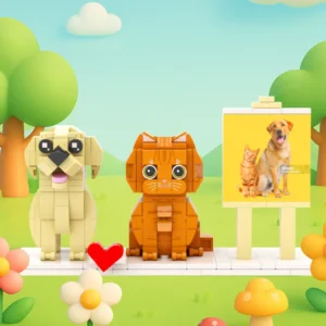 Custom brick figures of a dog and a cat displayed side by side on a white base, inspired by a pet photo shown on a display stand. Set against a colorful outdoor background with trees and flowers, this personalized pet building block keepsake is a thoughtful gift for dog and cat lovers, pet memorials, birthdays, or special occasions.