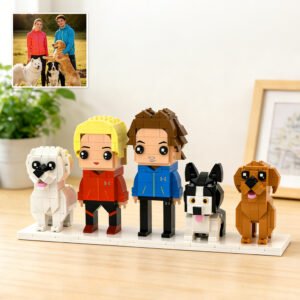 Personalized custom brick figures of a couple and three dogs, recreated from a photo using building blocks. A unique custom family and pet display keepsake, ideal for anniversaries, birthdays, weddings, housewarmings, or gifts for dog lovers.