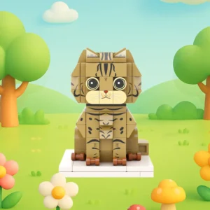 Cute tabby cat brick figure built from interlocking blocks, featuring large cartoon-style eyes and detailed striped markings. Displayed on a white base against a colorful outdoor background with trees, flowers, and rolling hills, this custom pet-inspired building block model makes a charming keepsake for cat lovers.