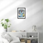 "Framed Argentina football poster featuring Lionel Messi in Argentina national team kit, displayed on a white wall above a modern shelf with a plant and table lamp."
