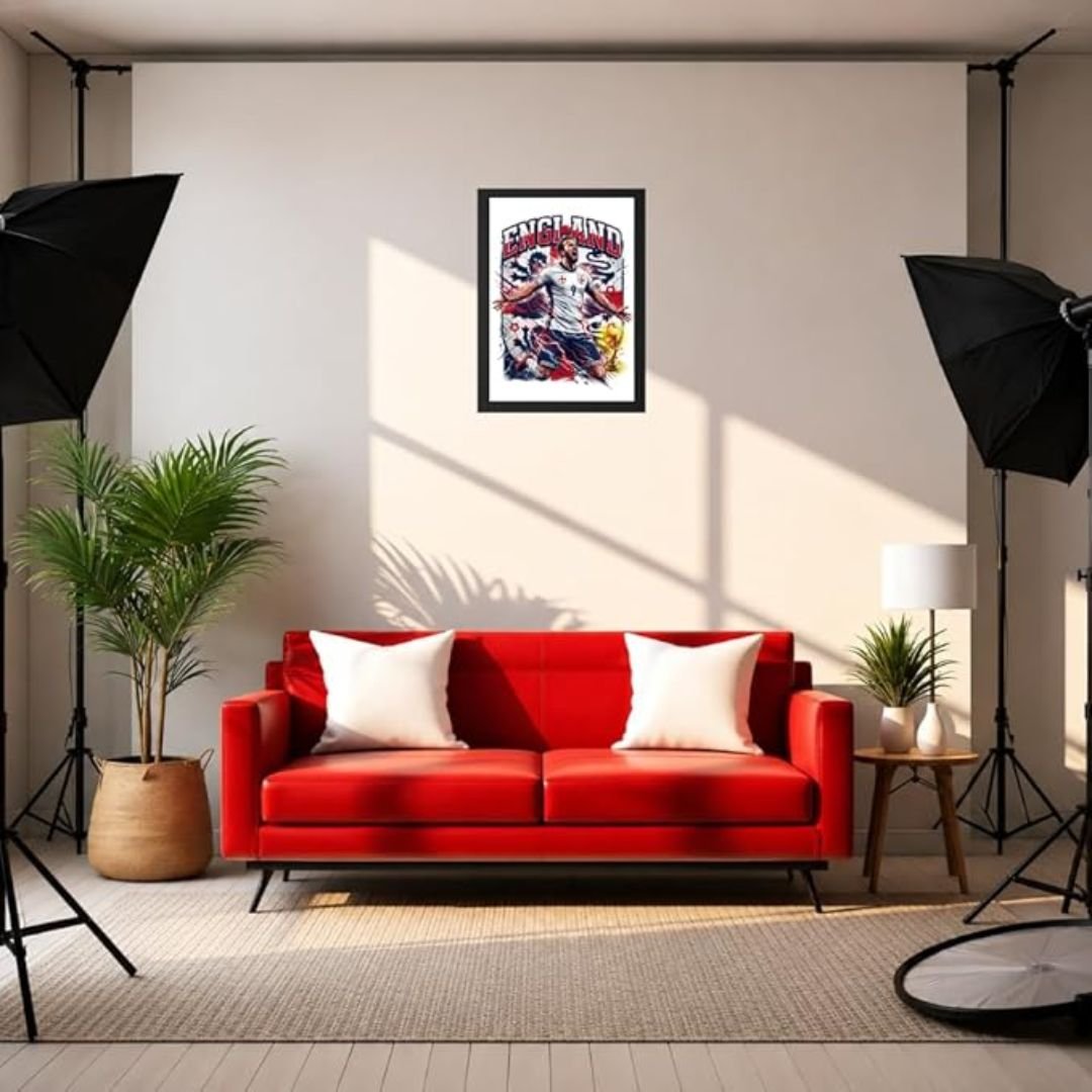 home Display - printshop4me.ae "England football player celebrating goal in white national team kit with number 9, FIFA World Cup trophy, framed wall poster above red sofa in modern living room with photography lighting and plants."