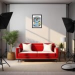 Framed Argentina soccer artwork featuring Lionel Messi celebrating with both arms raised, mounted on a wall above a modern red sofa in a well-lit living room setup with photography lighting equipment and plants.