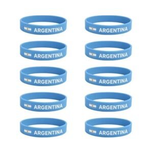 Set of 10 Argentina football silicone wristbands, light blue color, printed with Argentina text and soccer ball icon, stretchable and comfortable, fan merchandise for sports events.
