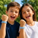 Smiling young boy and girl wearing Argentina soccer-themed silicone wristbands, cheering and showing thumbs up outdoors, supporting Argentina football team.