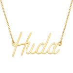 Gold cursive name necklace pendant spelling 'Hudda' on a chain.